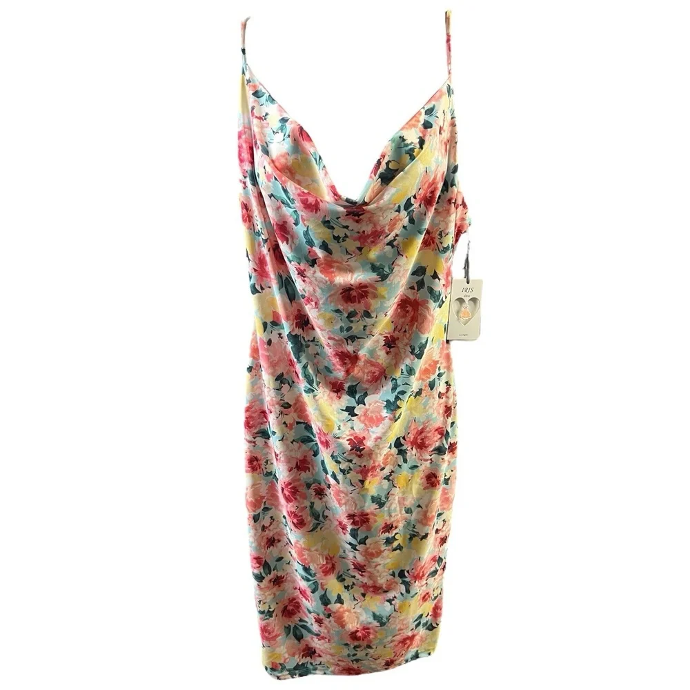 Iris Slip Dress XL Multicolor Floral Cowl Neck Knee Length Tropical Feminine New